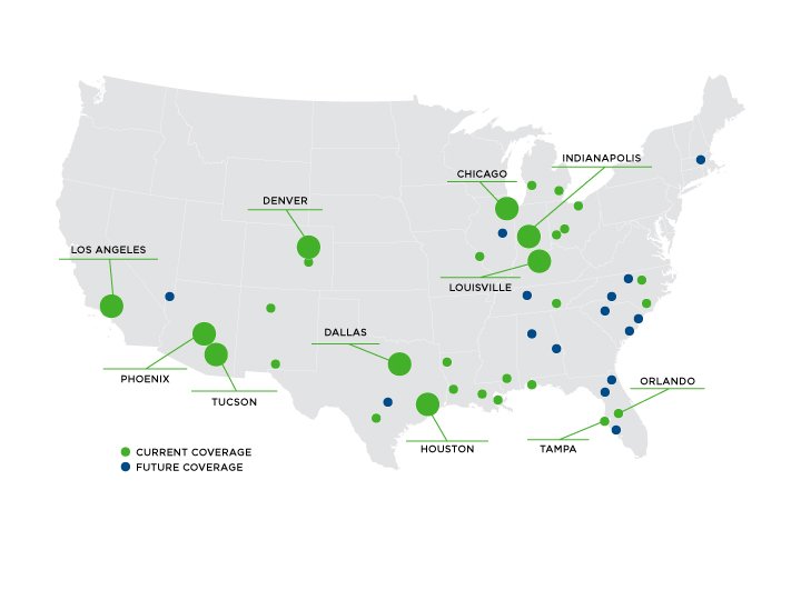 Coverage map published on the company's website naming eleven cities.