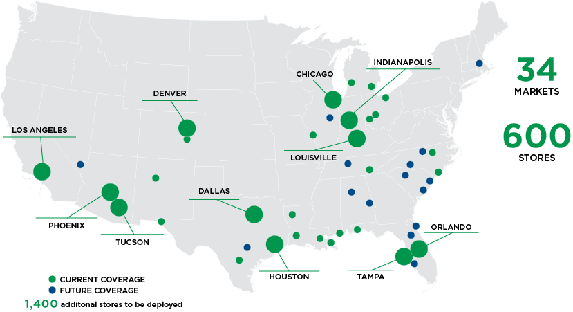 Coverage map published on the company's website, naming five cities.